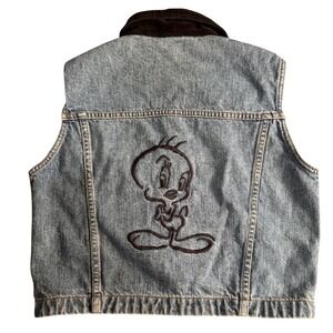 Warner Bros Studio Store Tweety Bird Denim Vest Blue Corduroy Collar Medium 90s